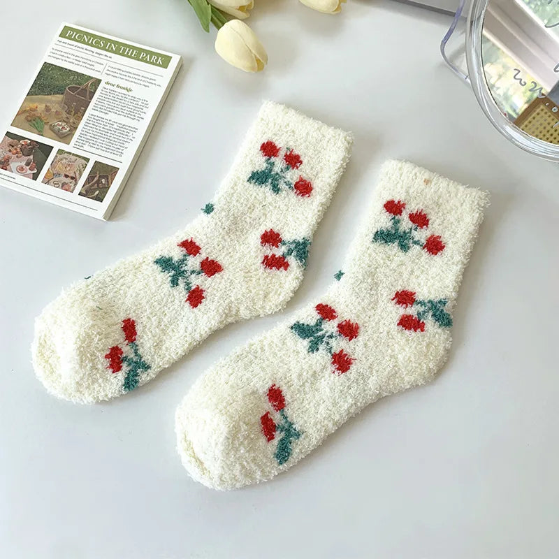 Lbsfy Women Socks Kawaii Cute Strawberry Cherry Flowers Winter Thicken Warm Soft Coral Fleece Thermal Homewear Floor Sleeping Socks