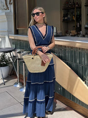 LBSFY  -  Vintage Printed Tassels Spliced Ruffles Women's Dress Fashion Sleeveless V-neck High Waist Vestidos Summer Vavation Female Robes
