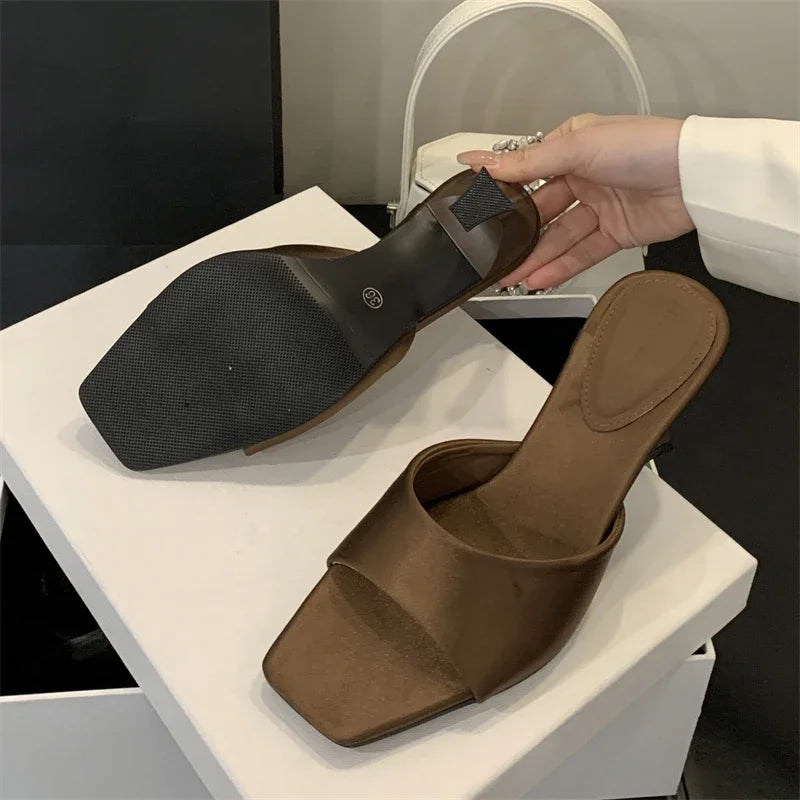 LBSFY -Fashion Satin Square Toe Women Slippers Concise Thin High Heels Banquet Dress Sandals Summer Female Shoes
