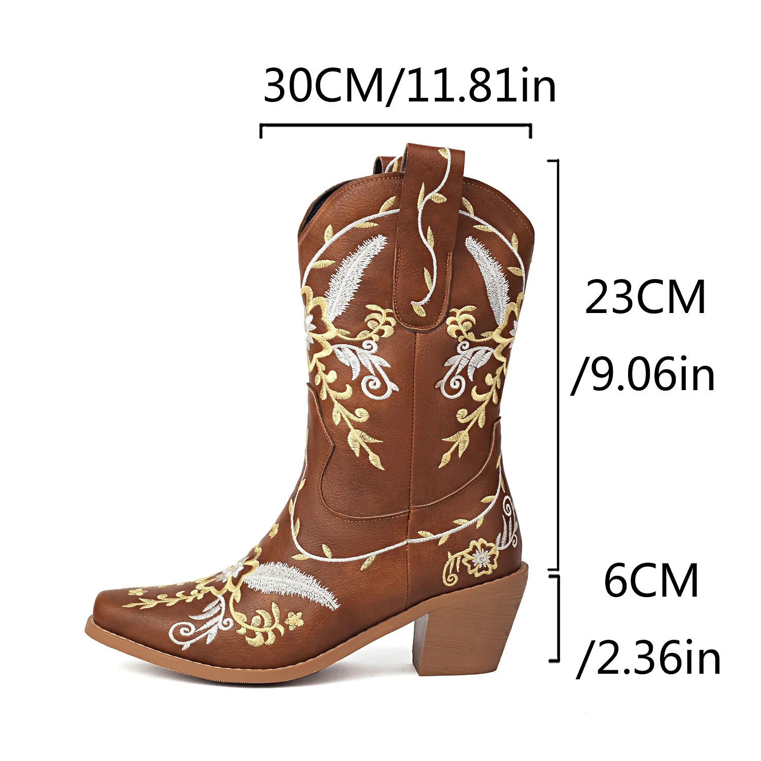 LBSFY  -  Women Cowboy Boots Ankel Block Heel Embroider Silver Pu Leather Plush Size 35-46 Western Cowgirl Shoes