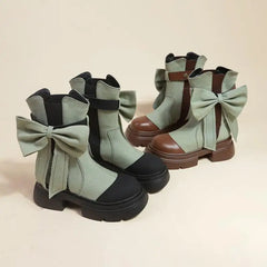 LBSFY  -  Canvas Sweet Big Bow Short Boots Women 2024 Autumn Platform Ankle Boots Fashion Splicing Shoes Round Toe Femme Botas Mujer