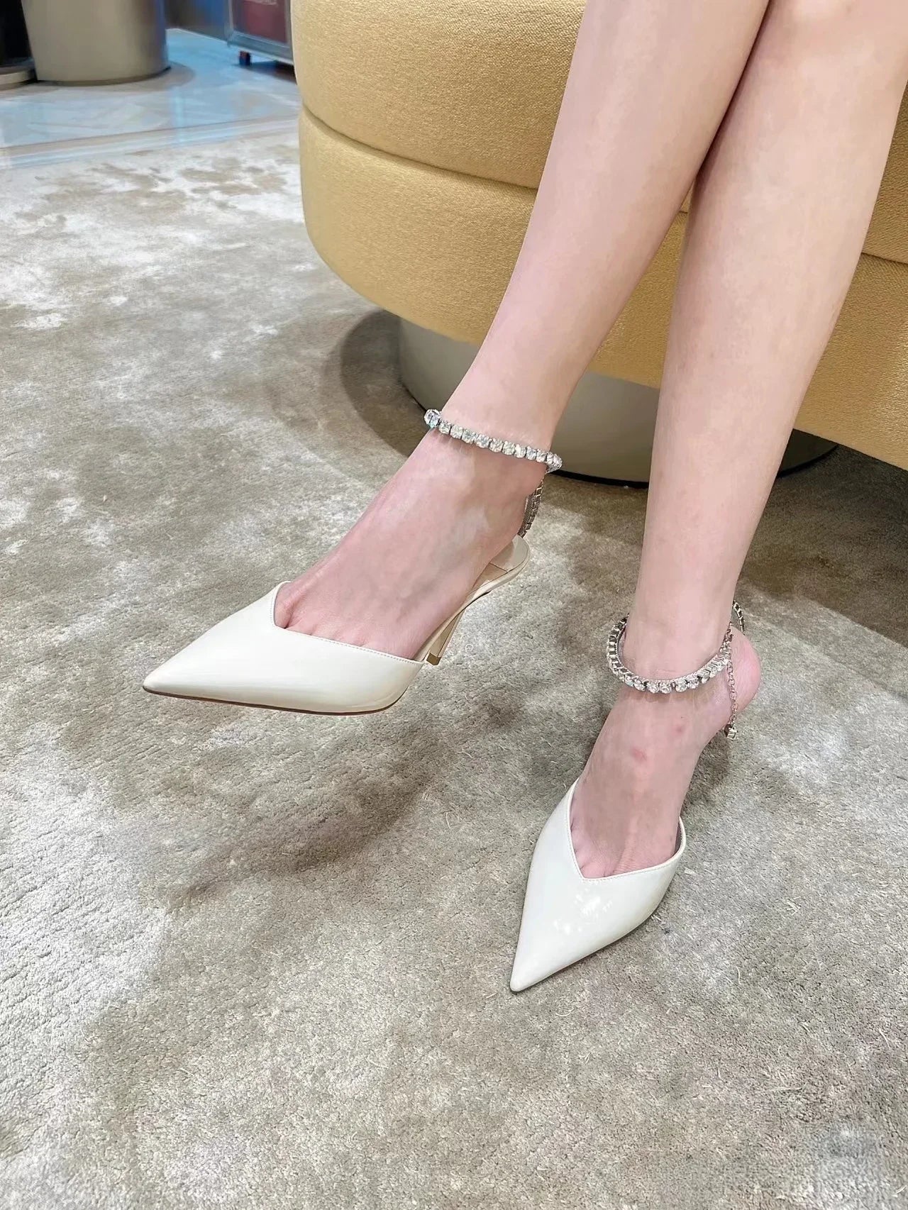 LBSFY  -  2024 Summer New Sexy and playful Pointed V-necked Rhinestone High Heels, Thin Heels, Baotou, One Button Sandals, Female
