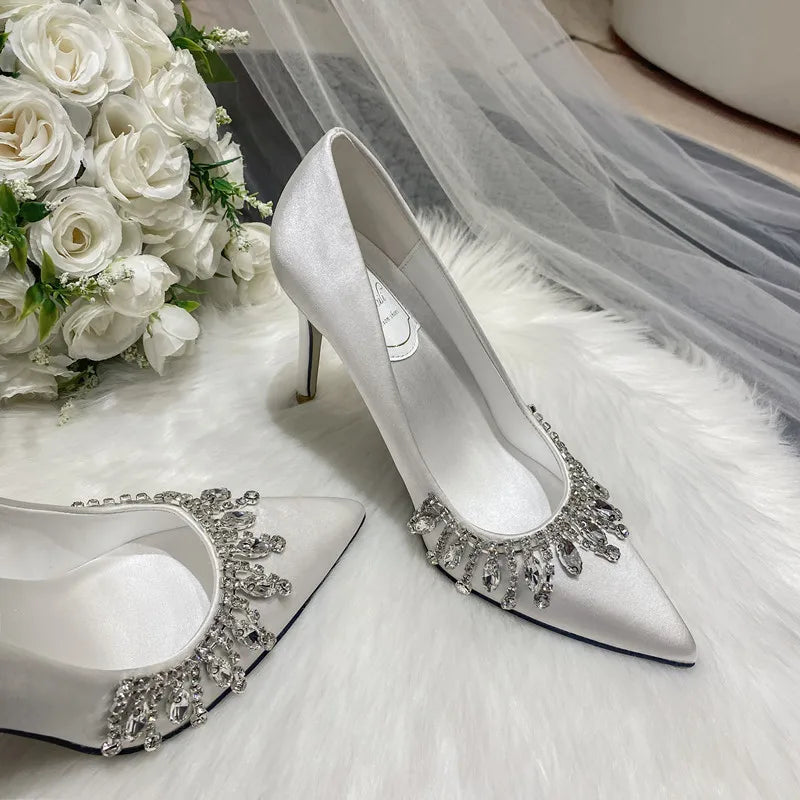 LBSFY  -  Wedding Shoes 2024 New White Satin Bridal Shoes Tassel Water Diamond Champagne Banquet Bridesmaid High Heels
