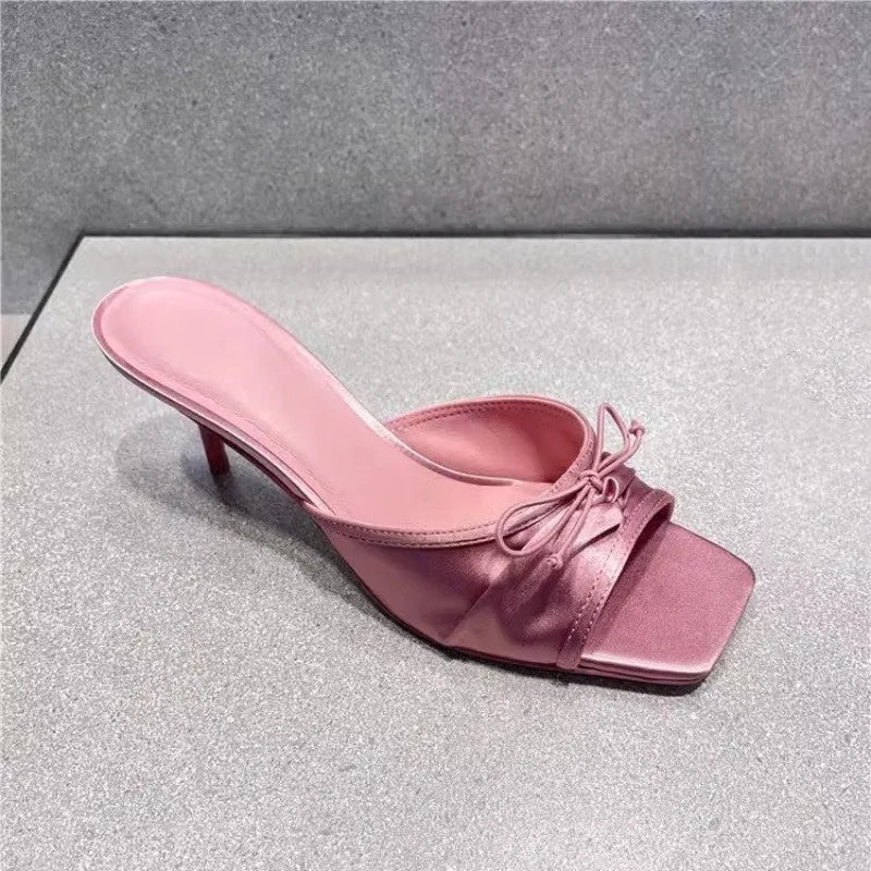 LBSFY -Summer 2025 New Comfortable Low Heel Square Head Sandals Sweet Bow Silk Thick Heel Slippers for Ladies Outwear Blue Slides