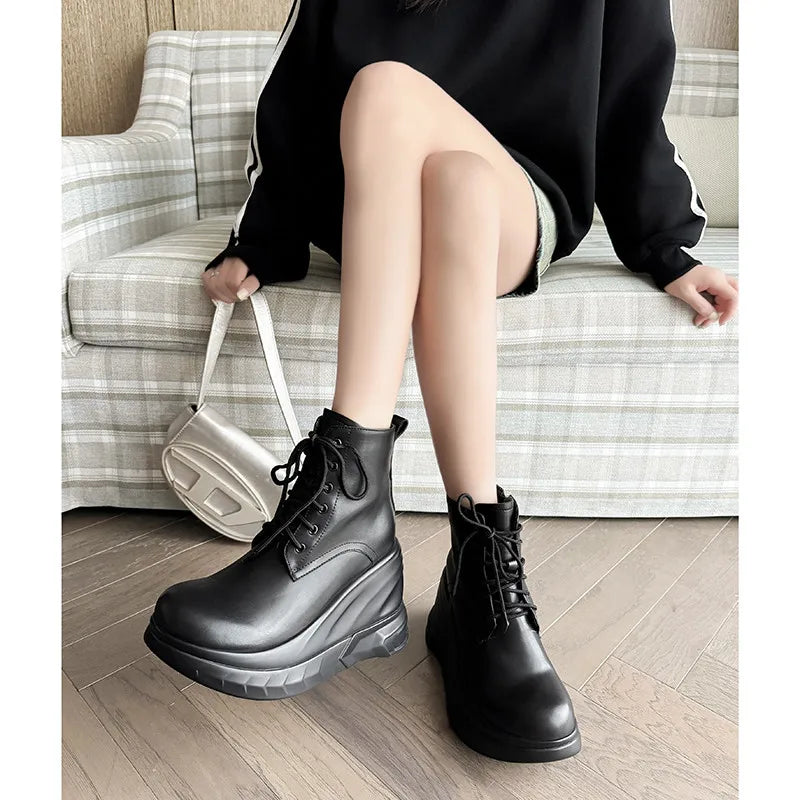 LBSFY  -  Fashion Short Boots Women's New High Quality Genuine Leather Round Head Tall White Thick soled Shoes Flat Bottom Boots