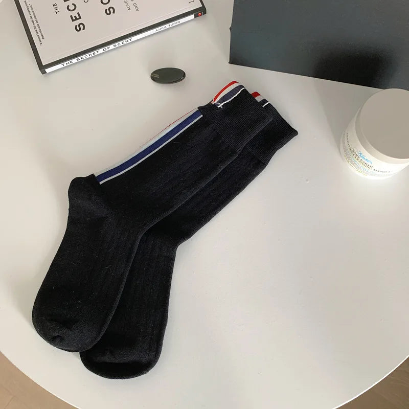 Lbsfy 3 Pairs Woman Tide Brand European Striped Label Solid Color Spring Autumn Cotton Socks Japanese JK Three Stripes Fashion Sox