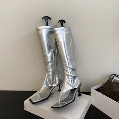 LBSFY -Spring Autumn Fashion Square Head High Women's Boots with Toe Clamp Thin Low Heels Heels Cool Boots Botas Femininas