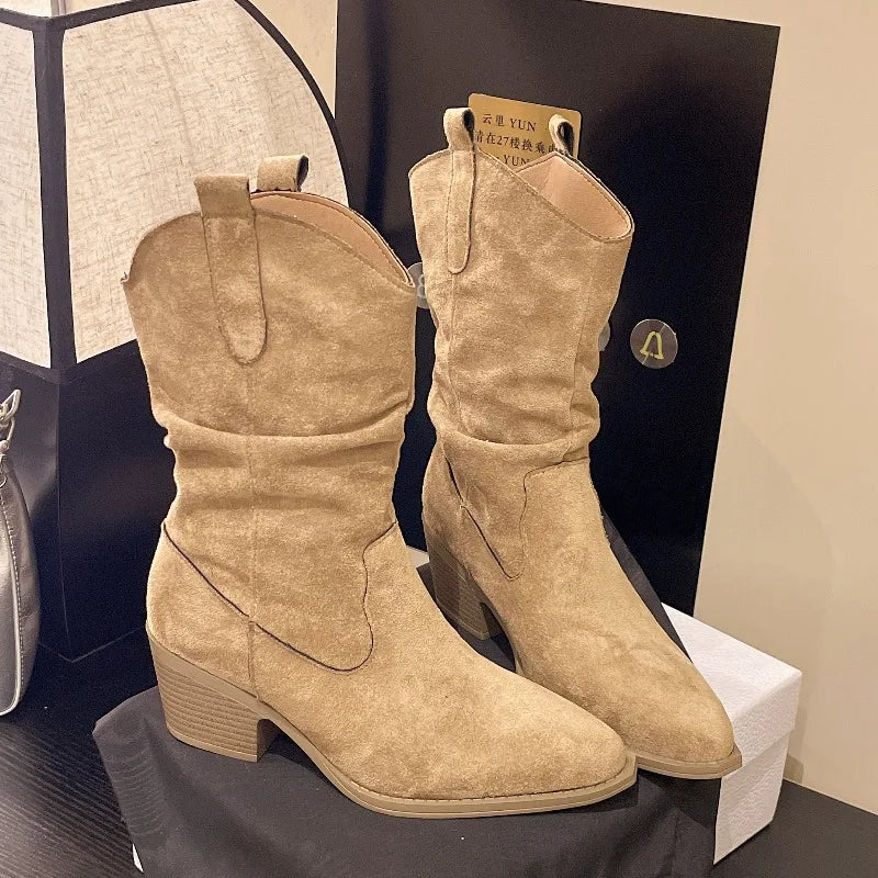 LBSFY -New Style Fashion Women's Mid-calf Boots Women Winter Ethnic Rivet Tassel Boots Woman Suede Pointed Thick Heel Shoes Boots