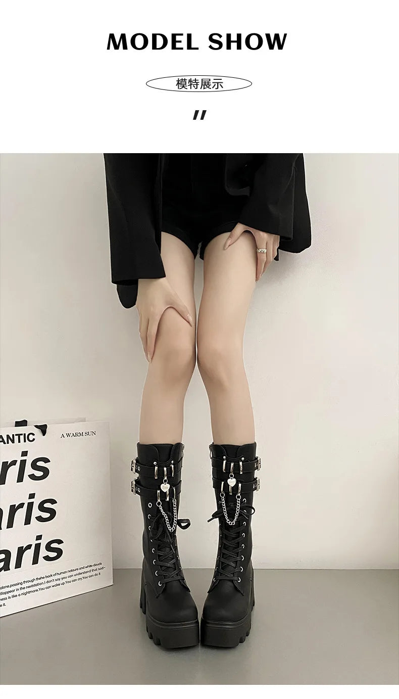 LBSFY -Women's Punk Gothic Boots 2025 Fashion Buckle Chain High Heels Mid Calf Boots Women Black Pu Leather Plus Size 42 Autumn Botas