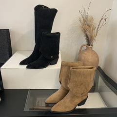 LBSFY -Retro Style Fold Button Women Knee-High Boots Fashion Pointed Toe Square Low Heels Casual Dress Ladies Shoes