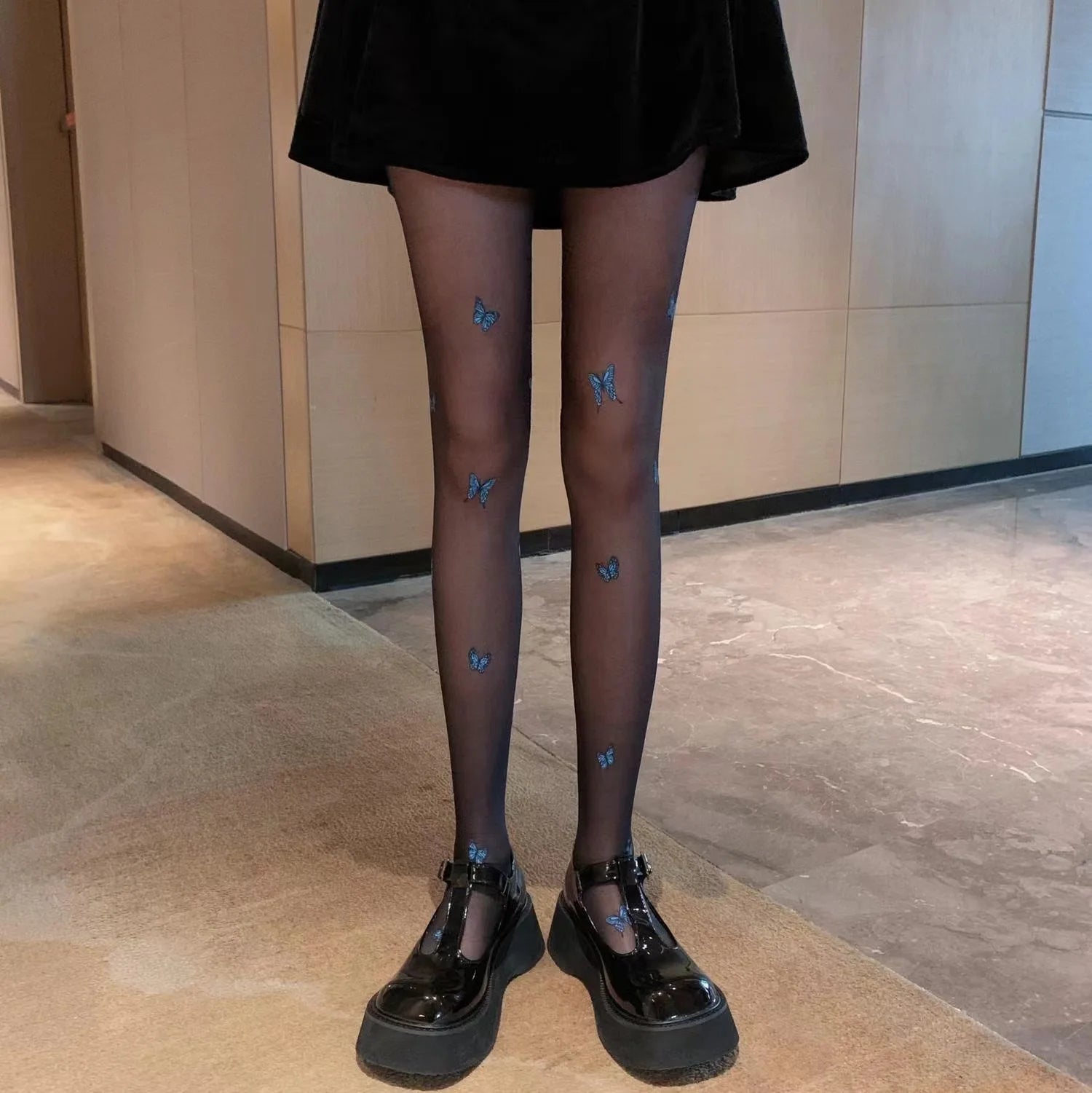 Lbsfy Pantyhose Woman Spring and Summer Blue Butterfly Thin Sexy Long Stockings for Women