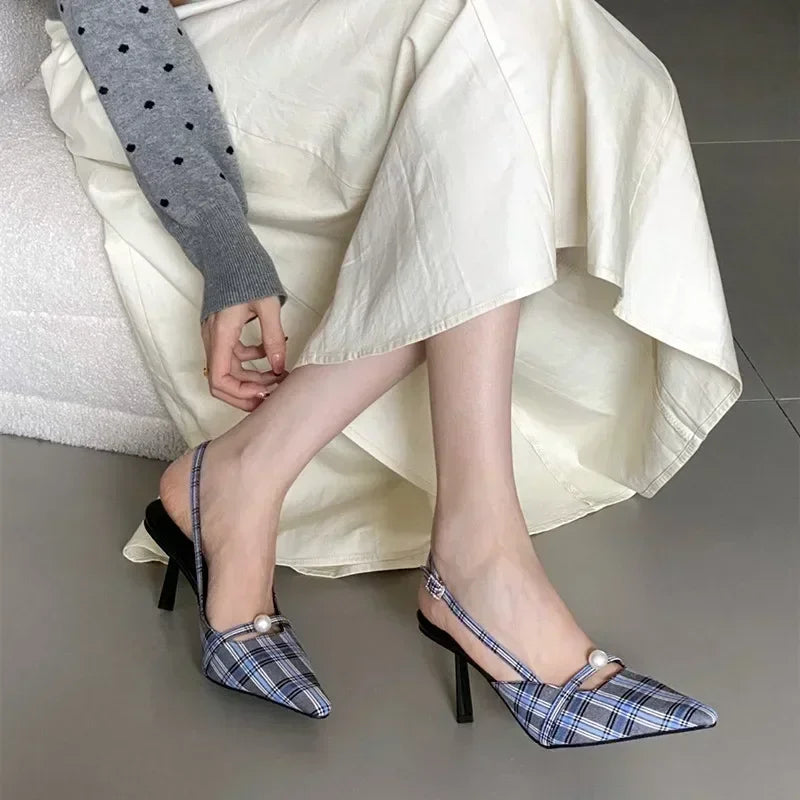 Lbsfy Pointed Toe Retro Plaid High Heels Women Elegant Slingbacks Shoes Women Pumps Sexy Office Fashion Dress Shoes Sandalias De Mujer