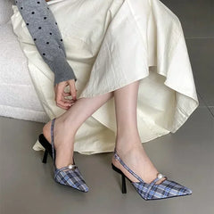 Lbsfy Pointed Toe Retro Plaid High Heels Women Elegant Slingbacks Shoes Women Pumps Sexy Office Fashion Dress Shoes Sandalias De Mujer