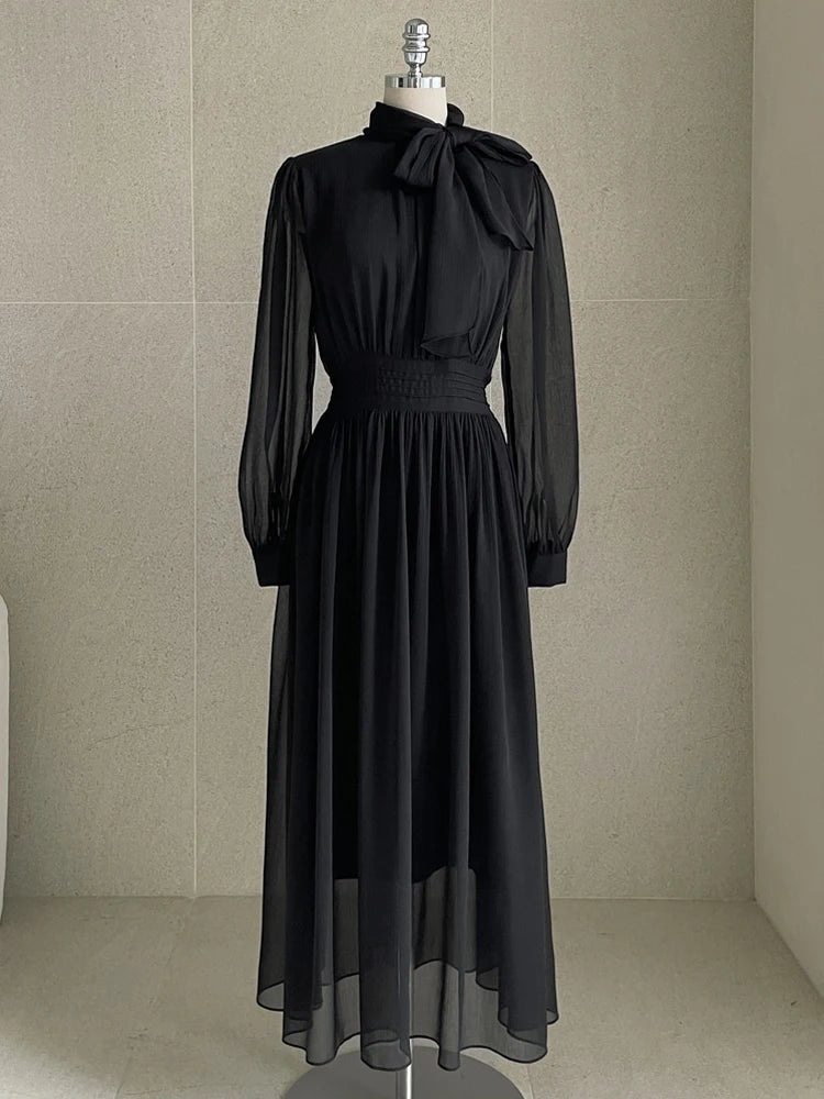 LBSFY -Elegant Midi Dresses for Women Korean Long Sleeves Half High Collar Lace-up A-line One Piece Vestido Mujer Autumn Fashion New