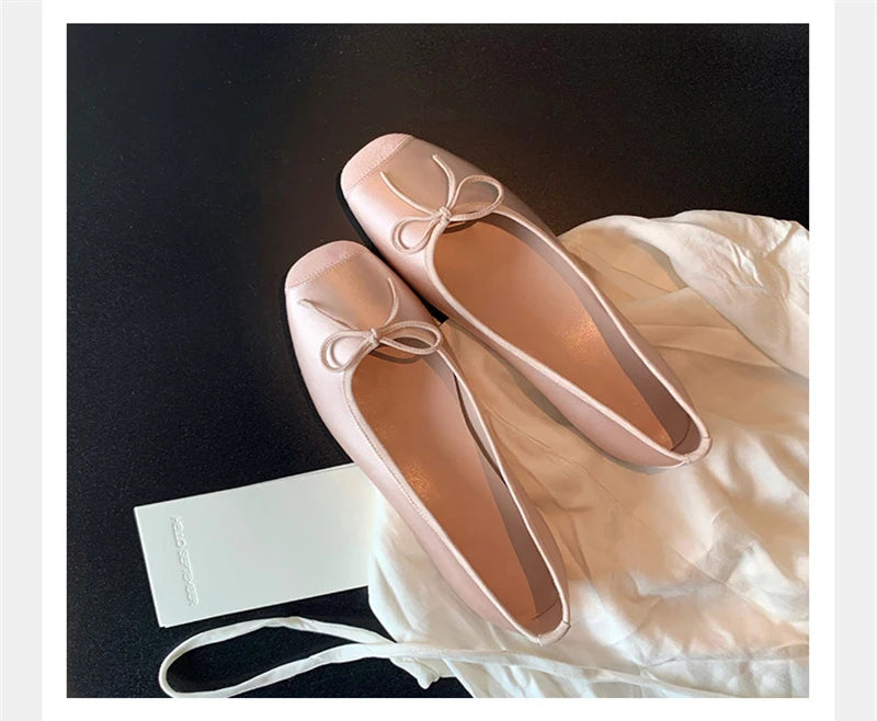 LBSFY -Fashion Design Silk Ballerinas Women Pumps Slip On Loafers Round Toe Square Heels Bowknot Casual Spring Autumn Shoes