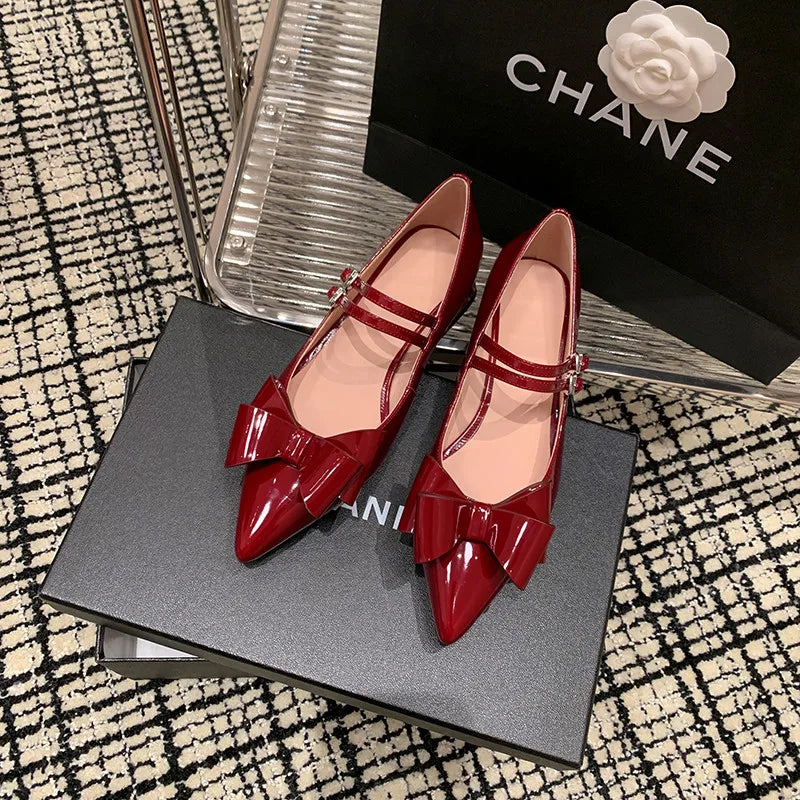 LBSFY  -   Fashion Pumps New High Quality True Leather Sweet Bow Mary Jane Shoes Pointed Low Heel Leather Shoes Banquet Dress Shoes