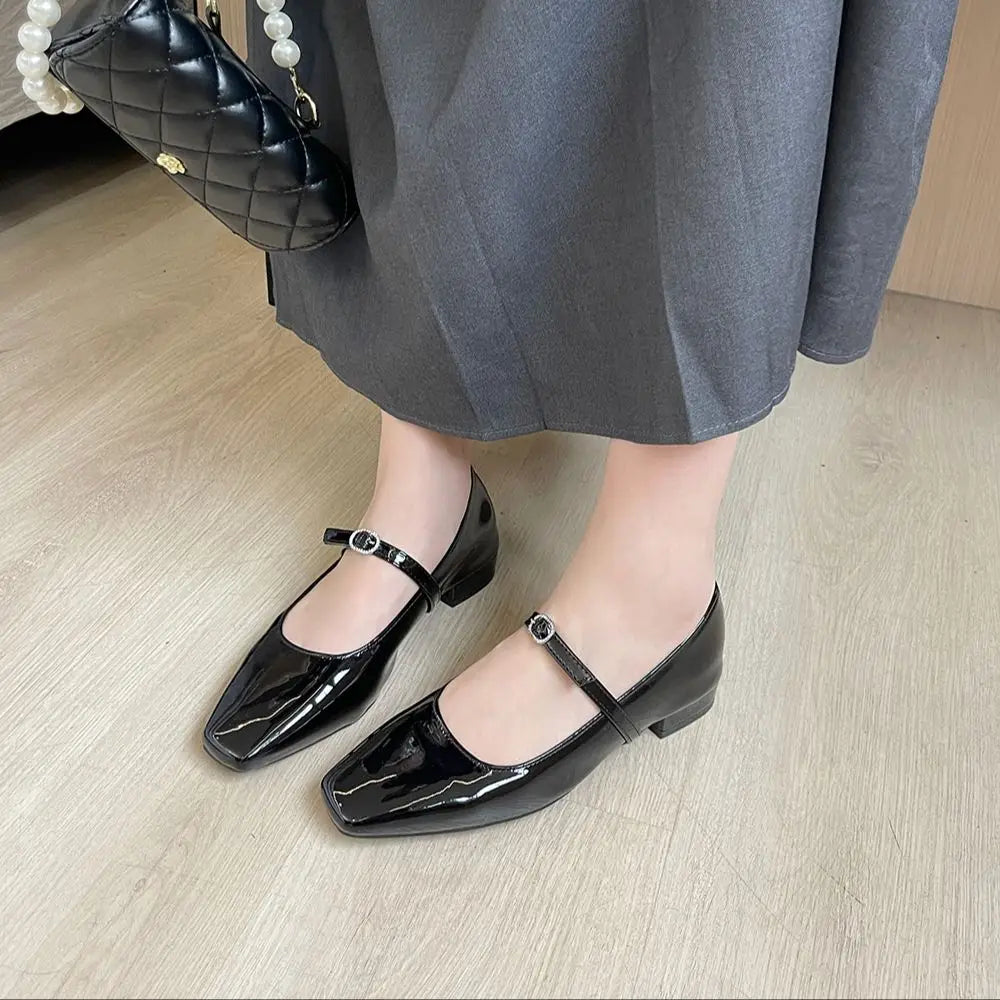 LBSFY  -  Round Toe Women Flats Loafers Black Brown Silver Belt Buckle 2024 New Arrivals Low Heels Dress Shoes Patent Leather Size 35-39