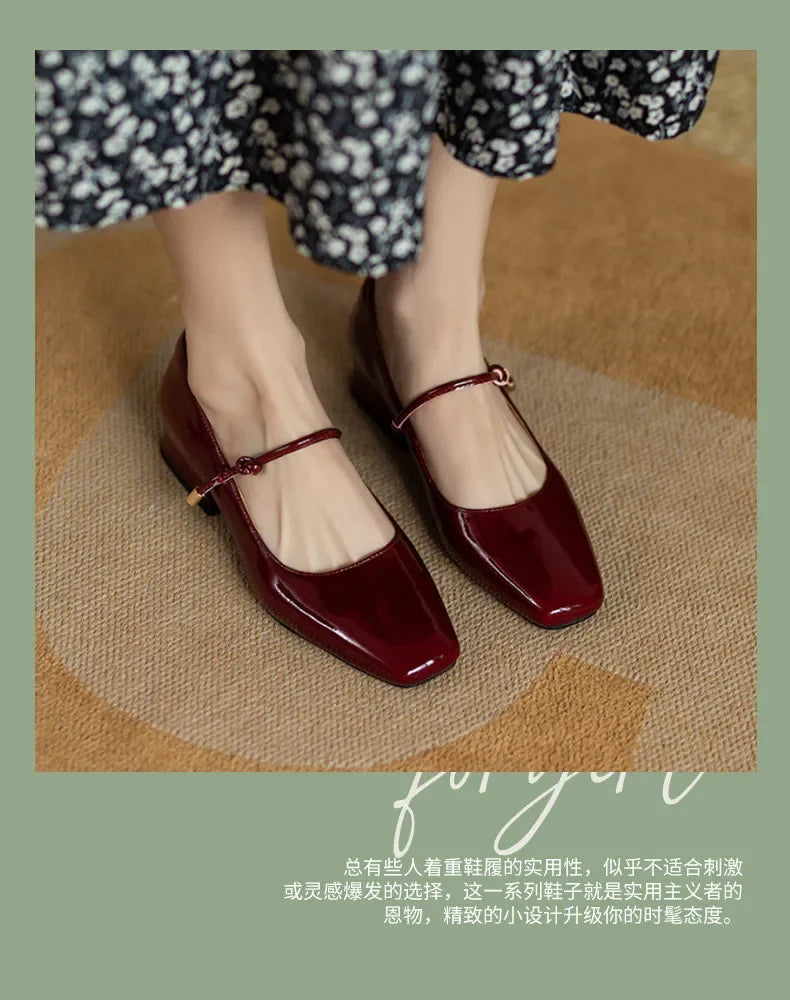 LBSFY -Elegant High Heels French Dress Party Shoes for Woman Platform Patent Leather Mary Jane Burgundy Black Square Toe Mid-heel Pumps