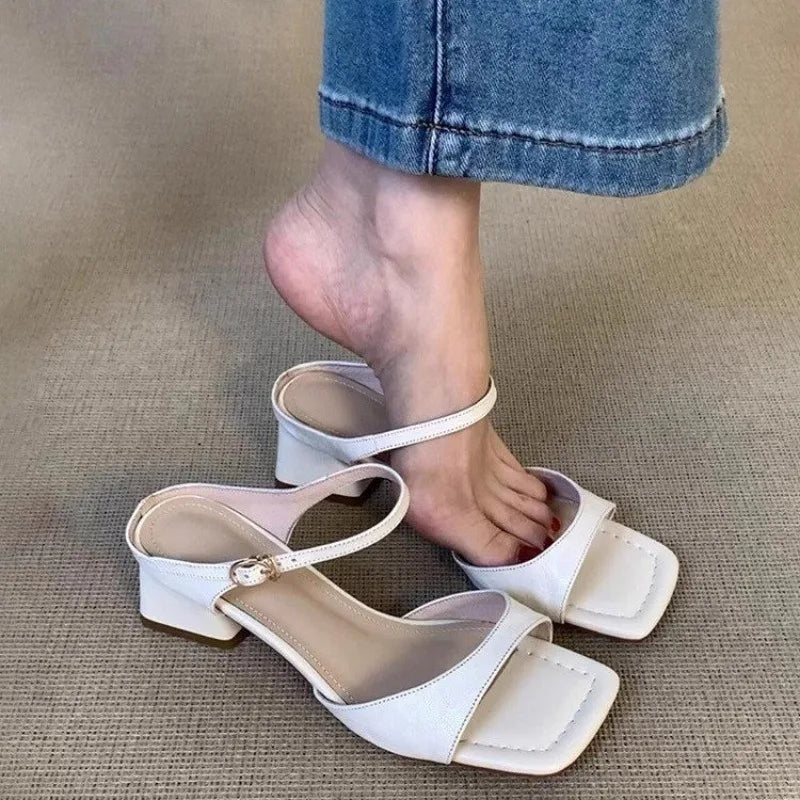 LBSFY -Women's Shoes 2025 New Concise Buckle Strap Square Heel Women's Slippers Fashion Peep Toe Versatile Large Size Modern Slippers