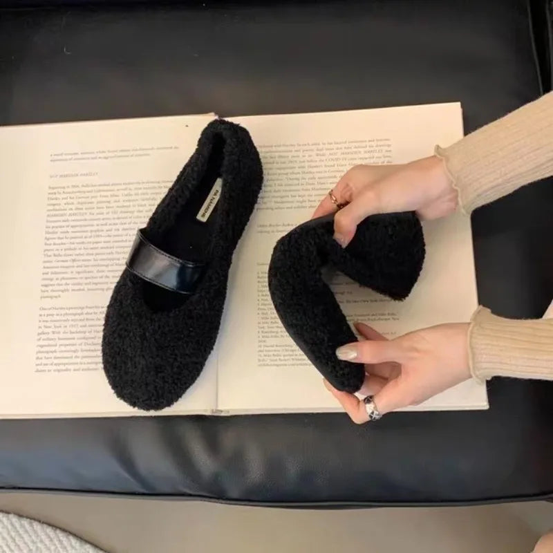 LBSFY -New Women Ballet Laofer Flat Shoes Fashion Shallow Slip on Ladies Fur Mary Jane Shoes Soft Outdoor Granny Shoes Zapatos Mujer