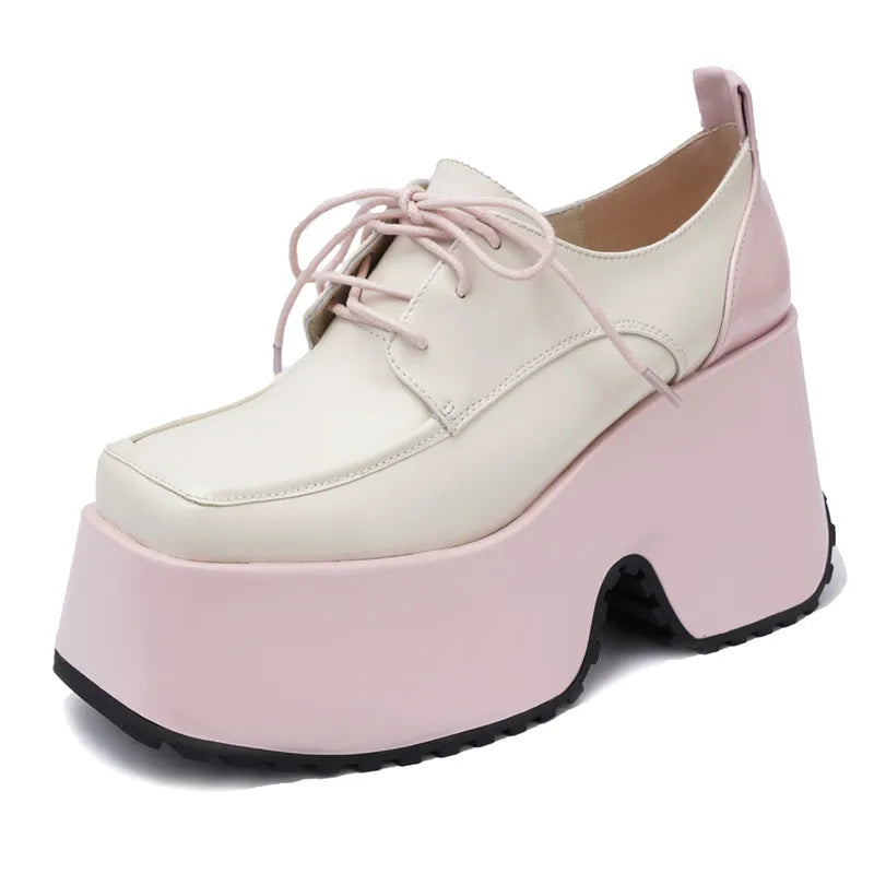 LBSFY  -  New Patent Genuine Leather Pumps Women Shoes Lace Up Thick Bottom Platform Shoes Spring Autumn Ladies Shoes Pink Black