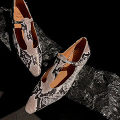 LBSFY  -  Fashion Pumps New High Quality Genuine Leather Round Head T-shaped Buckle Serpentine Pattern Low Heel Shoes Mary Janes