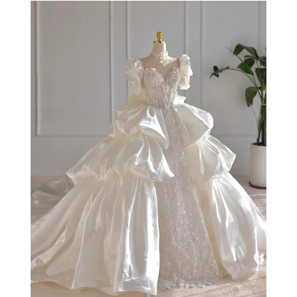LBSFY -Elegant Women Wedding Dresses Chic Sweetheart Puff Sleeves Sequined Ball Gowns Bow Ribbon Cathedral Train Bridal Dresses