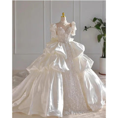 LBSFY -Elegant Women Wedding Dresses Chic Sweetheart Puff Sleeves Sequined Ball Gowns Bow Ribbon Cathedral Train Bridal Dresses