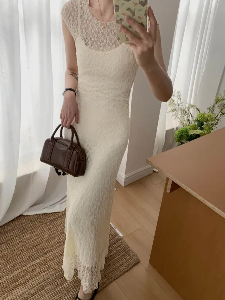 LBSFY -France Gentle Elegant Mesh Dress For Woman Spring Summer Lace Patchwork Two Pieces Sets Sling Dresses Casual Office Lady New