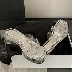 LBSFY -Diamond PVC Transparent Slippers Women Solid Platform Wedges Shoes Summer Square Toe High Heels Sandals