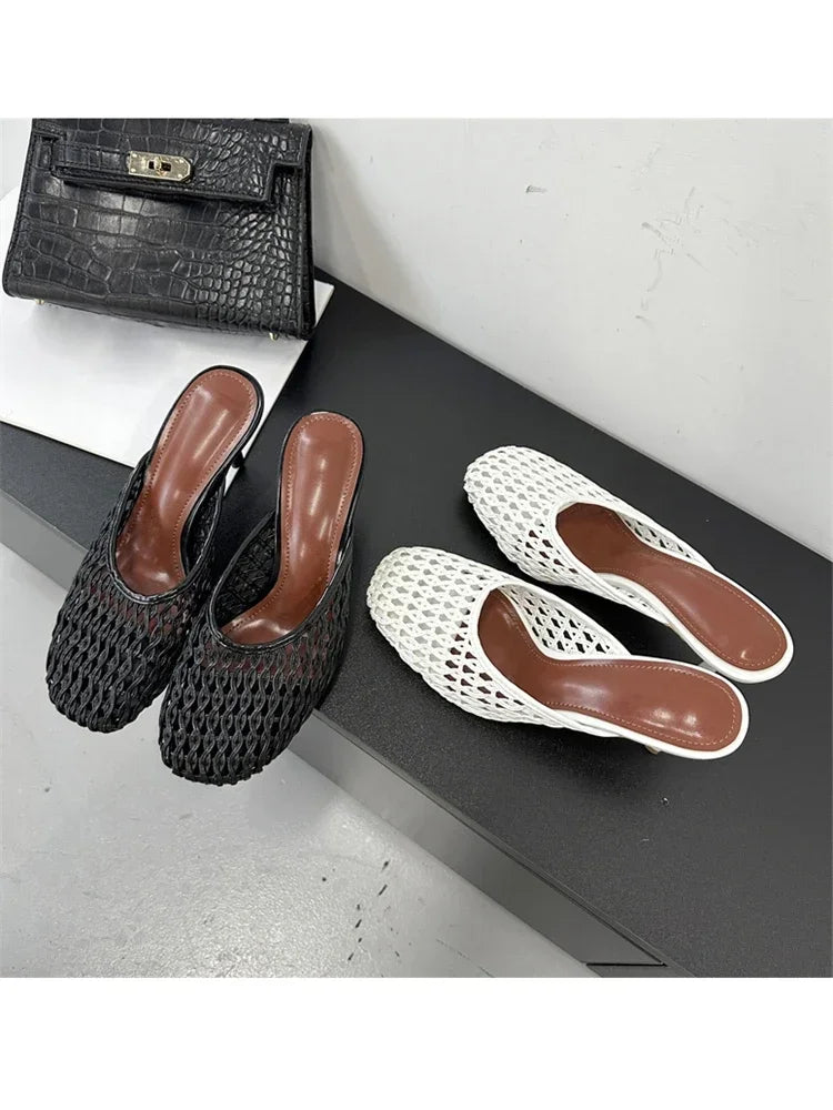 LBSFY -Summer Hollow Out Breathable Mesh Weaving Women Slippers Fashion Thin Heels Party Dress Mule Shoes Large Size 43