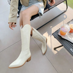 LBSFY  -   Women Crocodile Real Leather Cowboy Boots Block Heels Pointy Toe Knee-highs Zipper Western Boots Shoes Winter