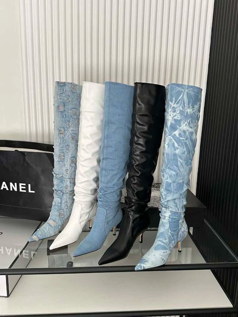 LBSFY  -  Sexy Women Over The Knee Boots Chelsea Booties Pointed Toe Blue Black White Denim Cloth Winter Dress Shoes Slip On Autumn Boots