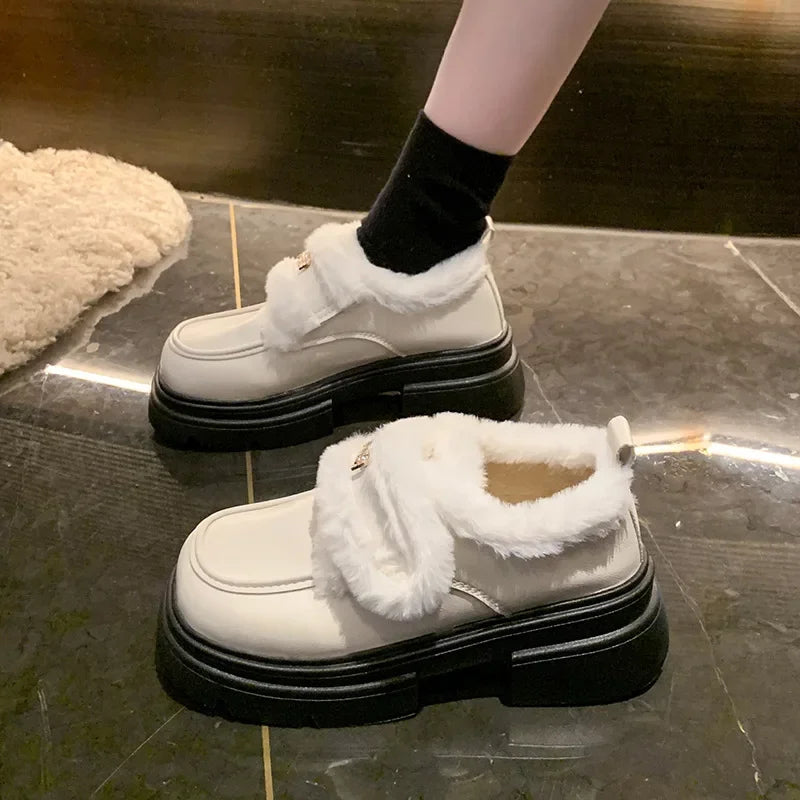 LBSFY  -  Winter Warm PU Leather Platform Shoes for Women Fashion Casual New Designer Loafers Ladies Black White British Pump Shoes Woman