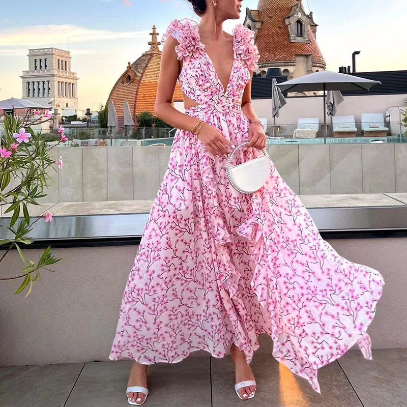 LBSFY  -  Chic Spring Floral Print Ruffle Boho Long Dress Women Sexy Deep V Neck Hollow Party Dress New Summer Sleeveless Split Maxi Dress