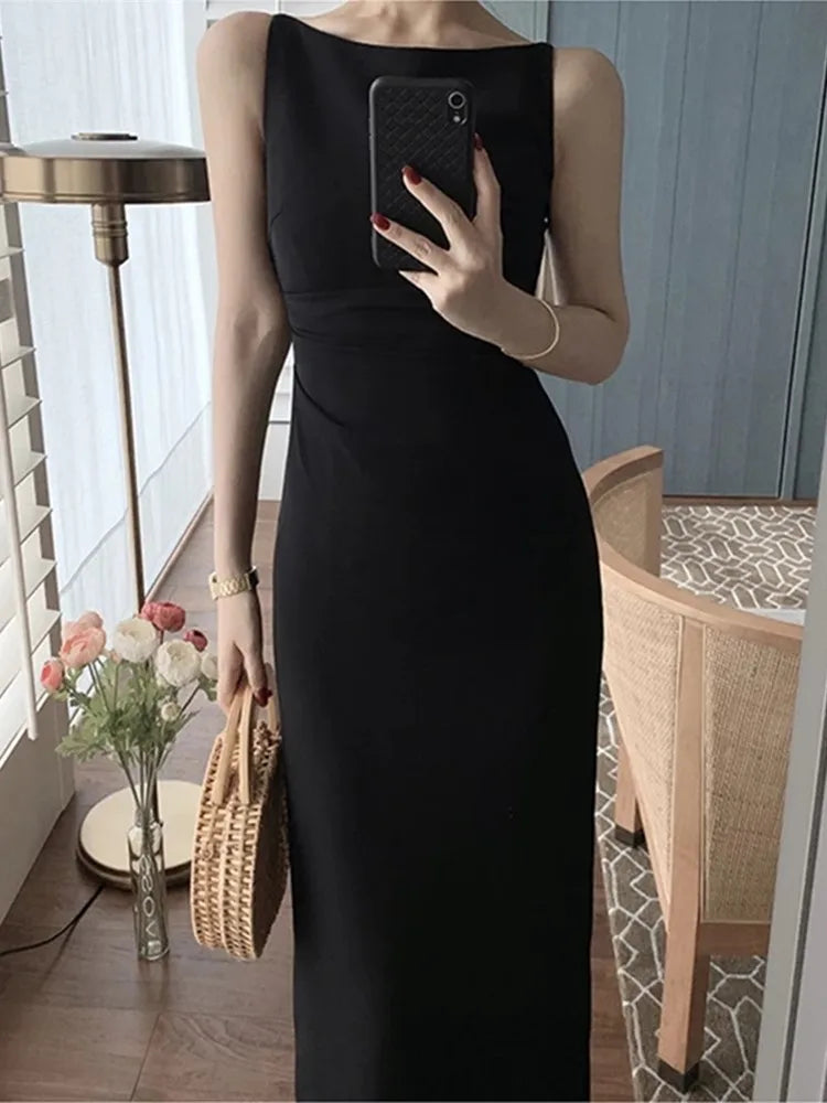 LBSFY -Women Spaghetti Strap Sleeveless Solid Sexy Dresses Summer New Fashion Office Lady Female Elegant Evening Party Midi Dress