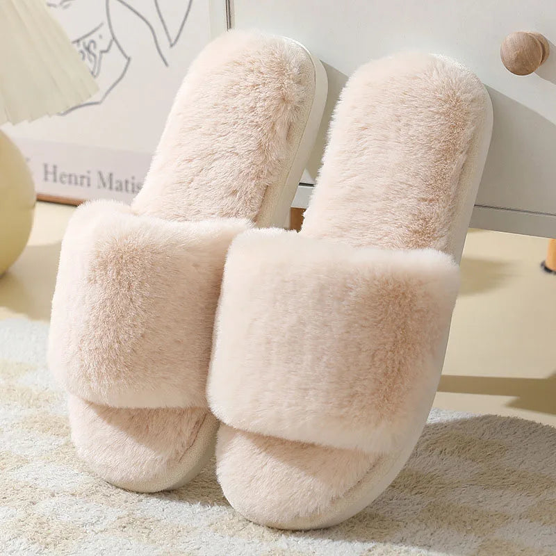 LBSFY  -  Fashion Cross Strap Fur Slippers Women Comfort Soft Long Plush Winter House Slides Woman Peep Toe Faux Fur Warm Cotton Slippers