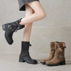 LBSFY  -  Plus Size 34-41 Cow Suede Ankle Boots Square Toe Buckle Motorcycle Booties Chunky Heels Retro Winter  Short Botas