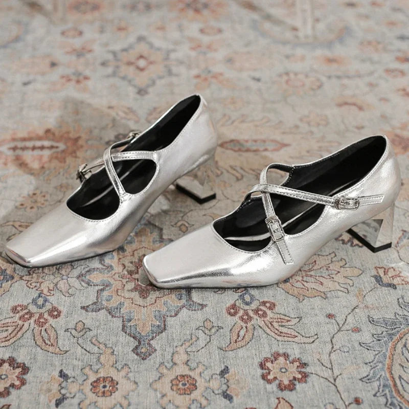 LBSFY  -  Square Toe Heeled Mary Jane Shoes Patent Leather Shallow Retro Chunky Women Shoes Cross Thin Strip Fashion Elegant Pumps Women