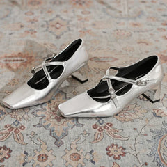 LBSFY  -  Square Toe Heeled Mary Jane Shoes Patent Leather Shallow Retro Chunky Women Shoes Cross Thin Strip Fashion Elegant Pumps Women