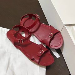 LBSFY  -  Genuine Leather Retro Red Open Toe Sandals Women Brand Designer One Strap Buckle Flat Shoes 2024 Summer Concise Chic Shoes Mujer