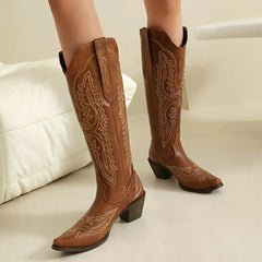 LBSFY  -  Cowboy Boots For Women Knee High Pu Leather Brown Size 46 Winter Embroider Western Cowgirl Shoes