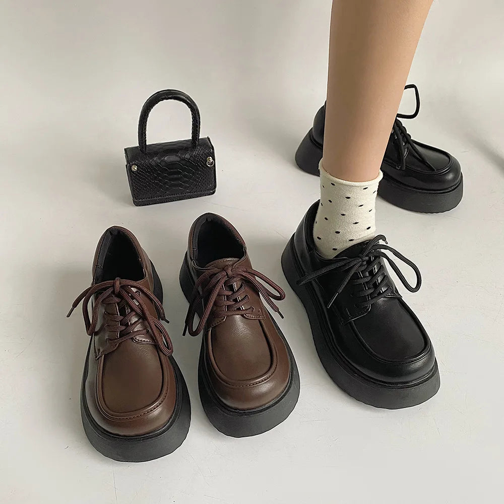 LBSFY -Chunky Pumps Platform Oxfords Shoes for Women 2025 Spring  Lace Up Flats Woman Thick Bottom Patent Leather Gothic Loafers Shoes