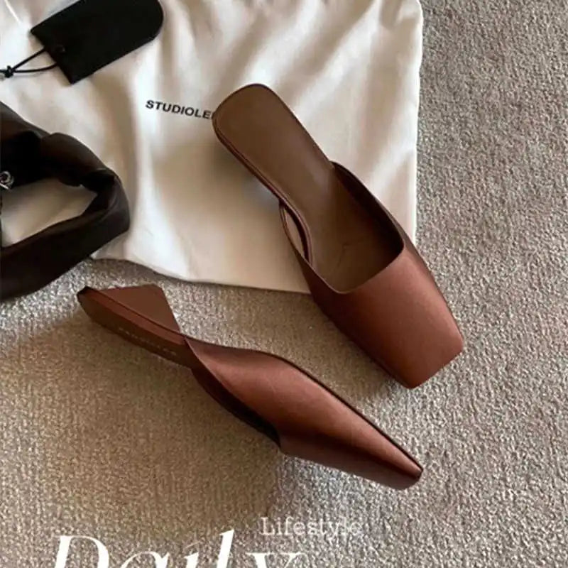 LBSFY  -  Luxury Satin Design Mules Shoes for Women Summer Sexy Square Head Strange Low Heel Slide Sandals Elegant Comfort Dress Slippers