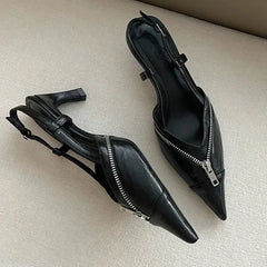 Lbsfy Pointed Toe Mules Pump Women Zip Design Slingbacks High Heels Female Footwear Fashion Summer Elegant Brand Shoes Women