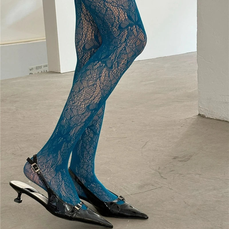 Lbsfy Sexy Elegant High Fishnet Tights Vintage Butterfly Jacquard Mesh Pantyhose Girls Sexy Hollowed Out Nylon Long Stockings Women