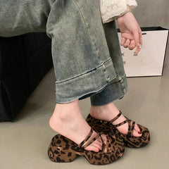 LBSFY  -  Summer Chunky Women Slippers Fashion Narrow Band Platform Flats Slides Ladies Casual Leopard Print Dress Shoes