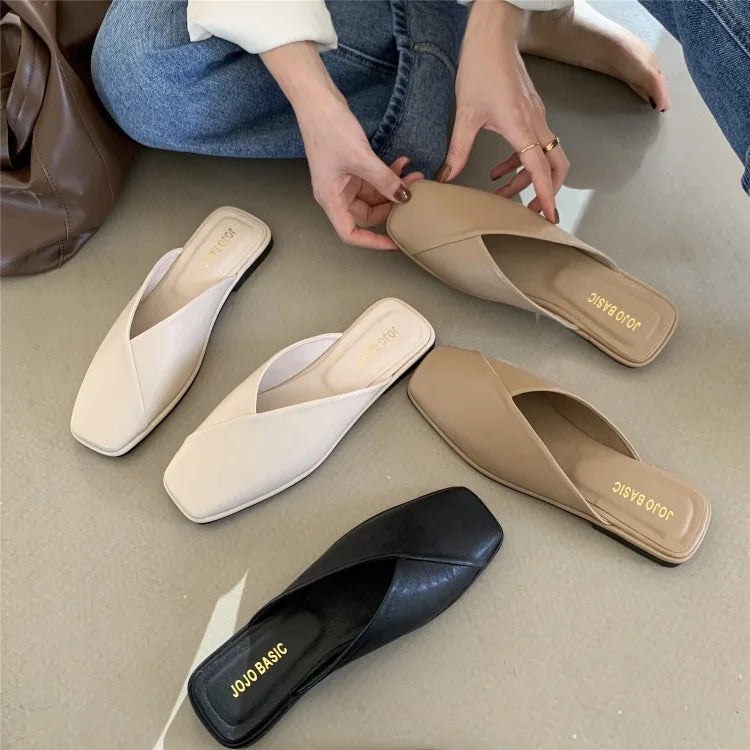 LBSFY -Flat Half Drag Slippers Square Toe Sandals 2025 Spring/Summer Outside Wear Casual Soft Bottom Mules Low Heel Sapatos Femininos
