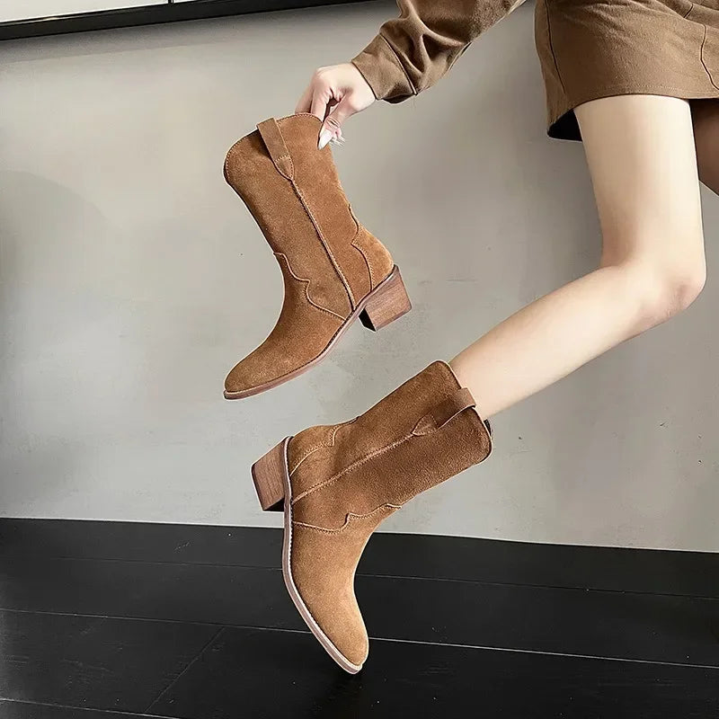 LBSFY  -  Luxury Cowhide Slip-on Platform Increased Western Cowboy Boots for Women Designer Soft Sole Casual Pointed Toe Women's Shoes