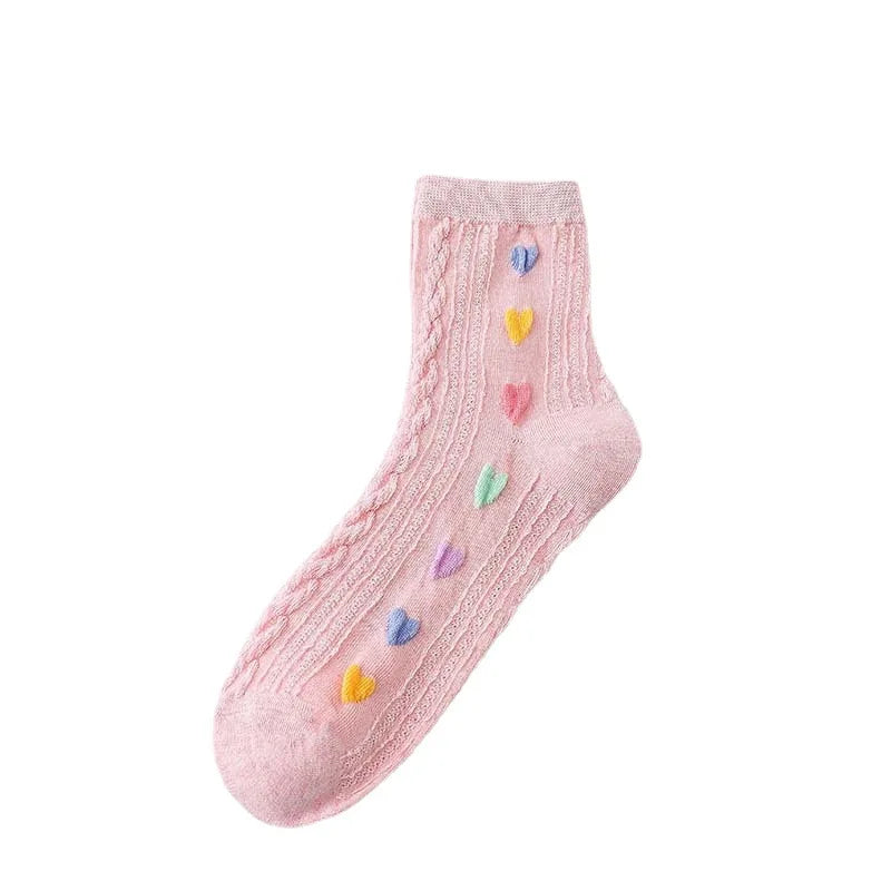 Lbsfy Women's Socks Spring Summer Love Print Mid-tube Korean Sweet Style Kawaii Cute Harajuku Solid Color Long Socks For Girls Gift